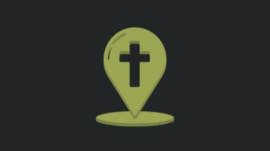 Siyah arkaplanda Hristiyan haç simgesi olan yeşil harita işaretçisi. 4K Video hareketli grafik canlandırması.