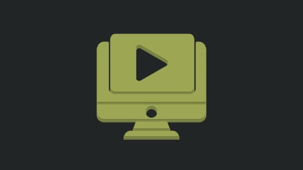 グリーンオンライン黒の背景に隔離されたビデオアイコンを再生します プレイサイン付きのコンピュータモニタとフィルムストリップ 4Kビデオモーショングラフィックアニメーション — ストック動画
