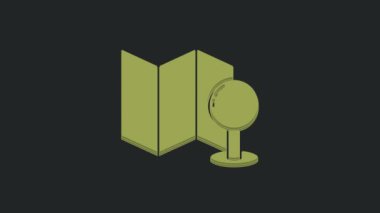 Siyah arkaplan üzerinde iğne simgesi olan yeşil katlı harita. 4K Video hareketli grafik canlandırması.