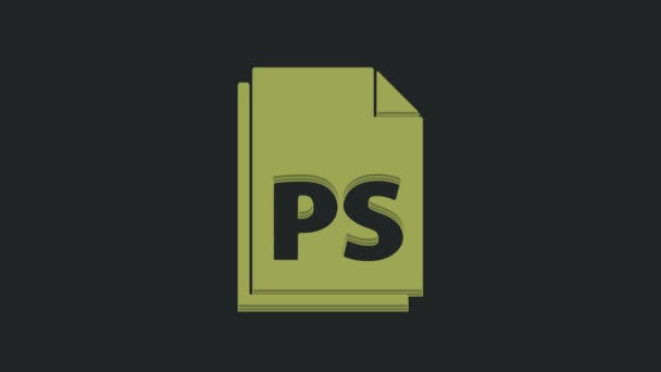 緑色のPs黒い背景に隔離されたファイル文書アイコン 4Kビデオモーショングラフィックアニメーション — ストック動画