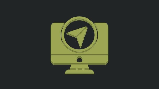 Zielony Monitor Komputerowy Złożona Mapa Ikoną Znacznika Lokalizacji Odizolowana Czarnym — Wideo stockowe