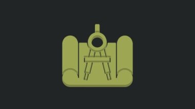 Mühendislik için yeşil çizim kağıdı ve siyah arkaplanda izole edilmiş pusula simgesi. 4K Video hareketli grafik canlandırması.