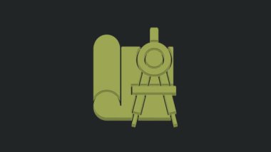 Mühendislik için yeşil çizim kağıdı ve siyah arkaplanda izole edilmiş pusula simgesi. 4K Video hareketli grafik canlandırması.