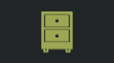 Siyah arkaplanda belge simgesi olan yeşil çekmece. Arşiv çekmecesi. Dosya dolabı çekmecesi. Ofis mobilyası. 4K Video hareketli grafik canlandırması.