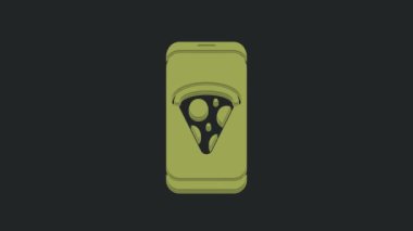 Yeşil Gıda, siyah arka planda izole edilmiş pizza ikonu sipariş ediyor. Cep telefonuyla sipariş verin. Restoran yemek teslimatı konsepti. 4K Video hareketli grafik canlandırması.