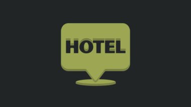 Yeşil Konum otel simgesi siyah arkaplanda izole edildi. Otel, pansiyon, seyahat, konut kirası, gayrimenkul sembolü. 4K Video hareketli grafik canlandırması.