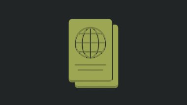 Siyah arkaplanda biyometrik veri simgesine sahip yeşil pasaport. Kimlik Belgesi. 4K Video hareketli grafik canlandırması.