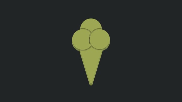 绿色雪糕在华夫饼锥形图标孤立在黑色背景 甜蜜的象征 4K视频运动图形动画 — 图库视频影像
