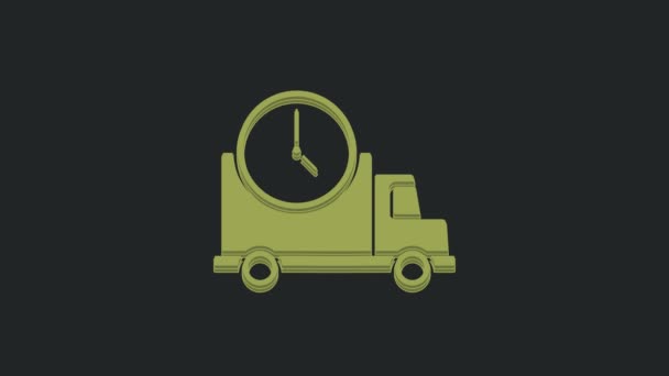 绿色物流送货卡车和时钟图标隔离在黑色背景 交付时间图标 4K视频运动图形动画 — 图库视频影像