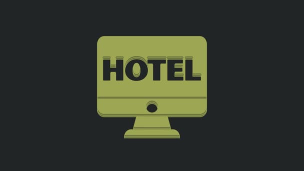 绿色在线酒店预订图标隔离在黑色背景 计算机监视器的在线预订设计概念 4K视频运动图形动画 — 图库视频影像