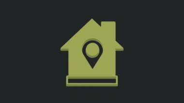 Siyah arkaplanda ev simgesi olan yeşil harita işaretçisi. Ev konumu belirleyici sembol. 4K Video hareketli grafik canlandırması.