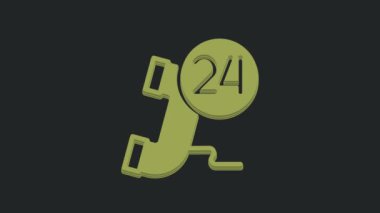 Yeşil Telefon 24 saat destek ikonu siyah arkaplanda izole edildi. Tüm gün müşteri destek merkezi. Tam zamanlı çağrı servisi. 4K Video hareketli grafik canlandırması.