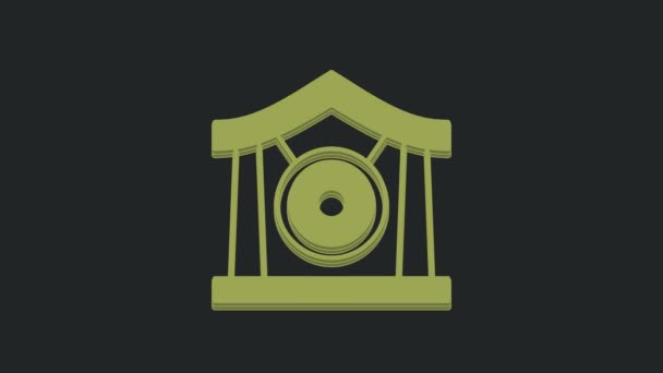 Green Gong Musikinstrument Kreisförmige Metallscheibe Symbol Isoliert Auf Schwarzem Hintergrund — Stockvideo