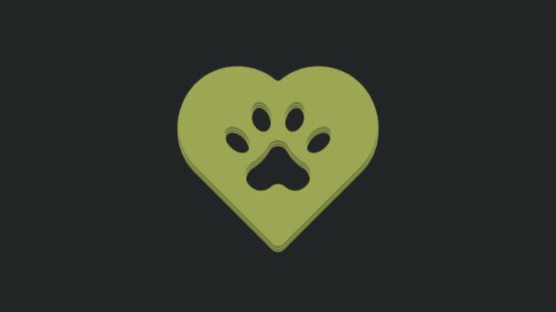 Corazón Verde Con Icono Huella Animal Aislado Sobre Fondo Negro — Vídeo de stock