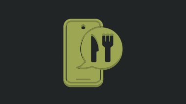 Yeşil Çevrimiçi sipariş ve fast food dağıtım ikonu siyah arka planda izole edildi. Burger tabelası. 4K Video hareketli grafik canlandırması.