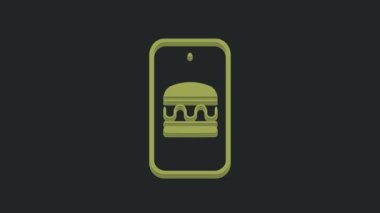 Yeşil Çevrimiçi sipariş ve fast food dağıtım ikonu siyah arka planda izole edildi. Burger tabelası. 4K Video hareketli grafik canlandırması.