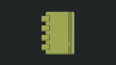 Siyah arkaplanda yeşil defter simgesi izole edildi. Spiral not defteri simgesi. Okul defteri. Yazı tahtası. Okul günlüğü. 4K Video hareketli grafik canlandırması.