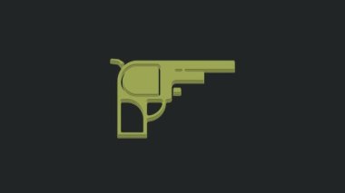 Yeşil Revolver silah ikonu siyah arkaplanda izole edildi. 4K Video hareketli grafik canlandırması.