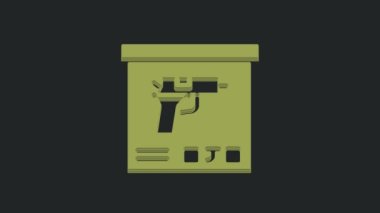 Siyah arka planda izole edilmiş mermi ikonu olan yeşil askeri mühimmat kutusu. 4K Video hareketli grafik canlandırması.