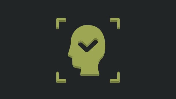黒の背景にチェックマークのアイコンが隔離された緑の顔認識 顔識別スキャナーのアイコン 顔のId サイバーセキュリティの概念 4Kビデオモーショングラフィックアニメーション — ストック動画