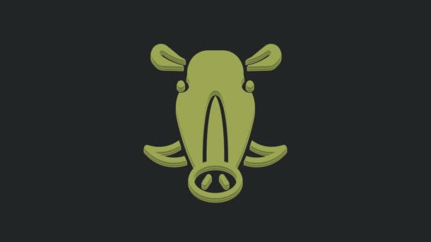 緑のイノシシの頭のアイコン黒の背景に隔離された 動物のシンボル 4Kビデオモーショングラフィックアニメーション — ストック動画