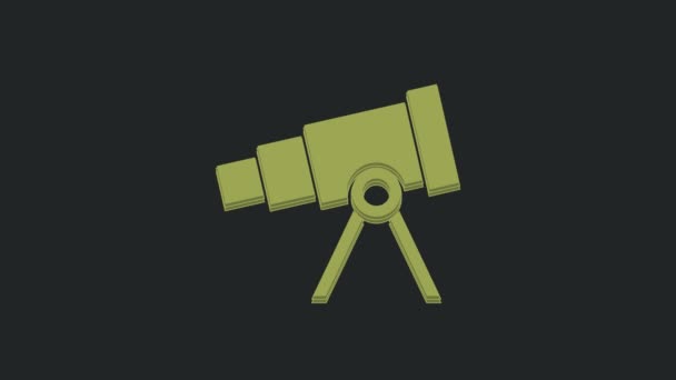 黒の背景に孤立した緑色の望遠鏡のアイコン 科学の道具だ 教育と天文学の要素 スパイガラスと研究星 4Kビデオモーショングラフィックアニメーション — ストック動画