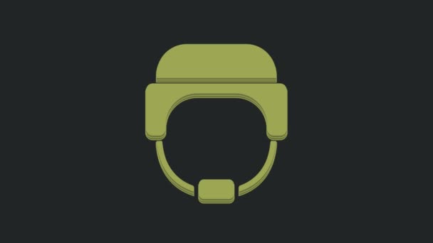黒の背景に隔離された緑の軍事用ヘルメットアイコン 防衛と保護の軍の帽子のシンボル 防護帽だ 4Kビデオモーショングラフィックアニメーション — ストック動画