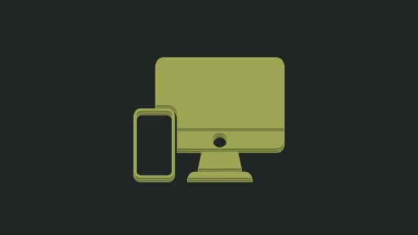 緑のコンピュータモニターと黒の背景に隔離された携帯電話のアイコン インターネット マーケティングの収益 4Kビデオモーショングラフィックアニメーション — ストック動画