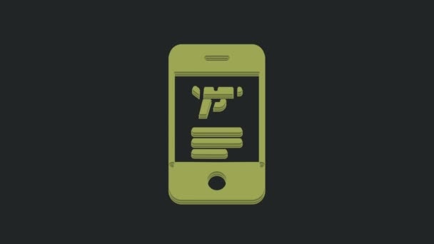 黒の背景に隔離されたモバイルアプリのアイコンでライフルと銃の武器と緑の狩猟店 武器装備のスーパーマーケットや店 4Kビデオモーショングラフィックアニメーション — ストック動画