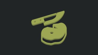 Siyah arka planda yeşil biftek ve bıçak ikonu var. Et dilimliyorum. 4K Video hareketli grafik canlandırması.