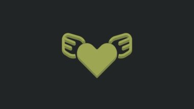 Siyah arkaplanda izole edilmiş kanat simgesi olan yeşil kalp. Aşk sembolü. Sevgililer Günü. 4K Video hareketli grafik canlandırması.