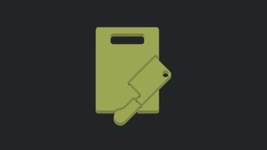 Yeşil kesme tahtası ve et helikopter simgesi siyah arka planda izole edildi. Kasap bıçağı. Tahta kesme sembolü. 4K Video hareketli grafik canlandırması.