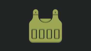 Siyah arka planda izole edilmiş kurşun ikonundan korunmak için yeşil kurşun geçirmez yelek. Vücut zırhı işareti. Askeri kıyafetler. 4K Video hareketli grafik canlandırması.