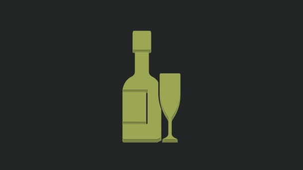 Grüne Champagnerflasche Und Glas Champagner Ikone Isoliert Auf Schwarzem Hintergrund — Stockvideo