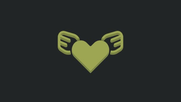 黒い背景に羽のアイコンが隔離された緑のハート 愛のシンボル バレンタインデー 4Kビデオモーショングラフィックアニメーション — ストック動画