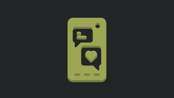 ハート絵文字のスピーチバブルと緑のスマートフォンは 黒の背景に隔離された画面のアイコンにメッセージを取得します バレンタインデー 4Kビデオモーショングラフィックアニメーション — ストック動画