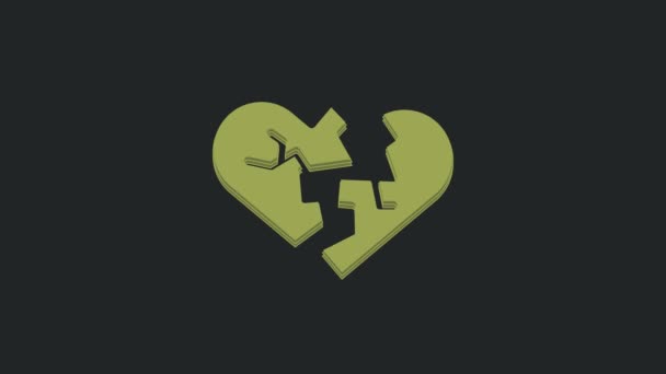 Groen Gebroken Hart Scheiding Pictogram Geïsoleerd Zwarte Achtergrond Liefdessymbool Valentijnsdag — Stockvideo