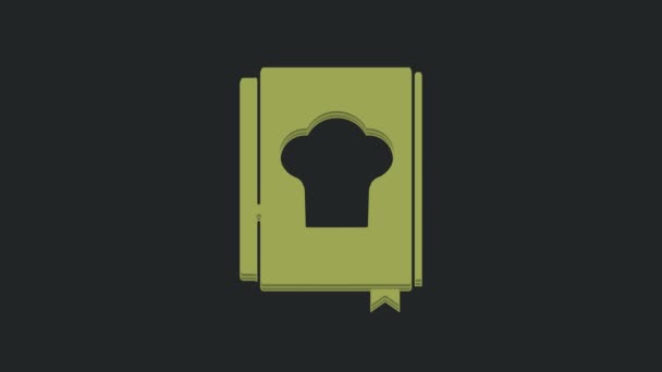 黒の背景に隔離された緑の料理本のアイコン 料理本のアイコン レシピ本 フォークとナイフのアイコン かわいいシンボル 4Kビデオモーショングラフィックアニメーション — ストック動画