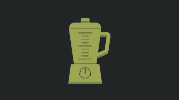 绿色搅拌机图标隔离在黑色背景 厨房电动固定搅拌机与碗 煮平底锅 鸡尾酒或果汁 4K视频运动图形动画 — 图库视频影像
