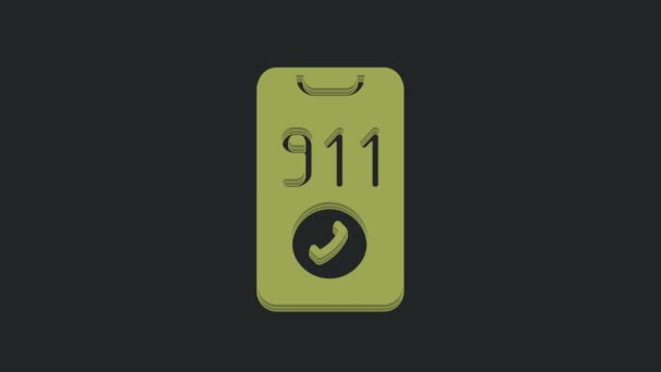 緊急通報付きグリーン電話黒の背景に隔離された911アイコン 警察救急車消防署電話 4Kビデオモーショングラフィックアニメーション — ストック動画