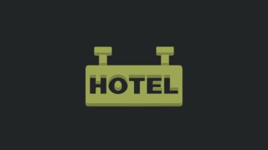 Siyah arka planda izole edilmiş bir metin otel simgesi olan yeşil pano açık hava reklamı. 4K Video hareketli grafik canlandırması.