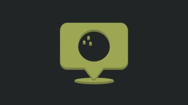 Siyah zemin üzerinde bovling topu simgesi olan yeşil harita işaretçisi. Spor malzemeleri. 4K Video hareketli grafik canlandırması.