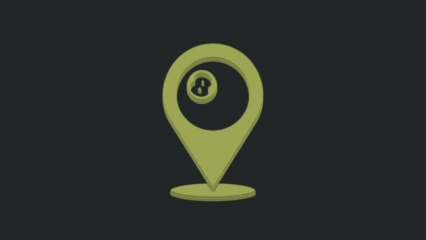 黒の背景に隔離された数字8のアイコンを持つビリヤードプールスヌーカーボールと緑の地図ポインタ 4Kビデオモーショングラフィックアニメーション — ストック動画