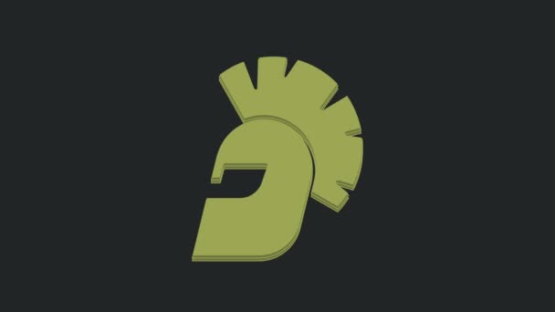 绿色希腊头盔图标隔离在黑色背景 头戴羽毛或马毛护头的士兵的古董头盔 4K视频运动图形动画 — 图库视频影像