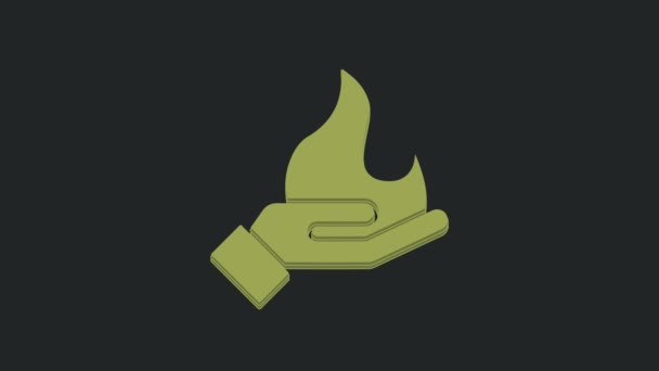緑の手黒の背景に隔離された火のアイコンを保持 4Kビデオモーショングラフィックアニメーション — ストック動画