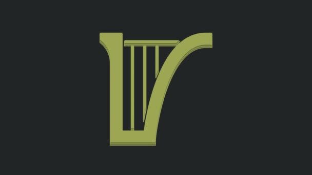 黒の背景に隔離された緑のハープアイコン クラシック楽器 オーケストラ弦音響要素 4Kビデオモーショングラフィックアニメーション — ストック動画