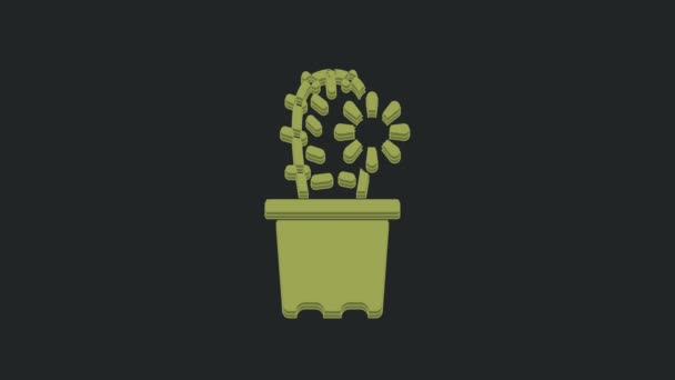 黒の背景に隔離されたポットアイコンの緑のサボテンのペヨーテ 鉢の中で植物が成長する 鉢植えの看板 4Kビデオモーショングラフィックアニメーション — ストック動画