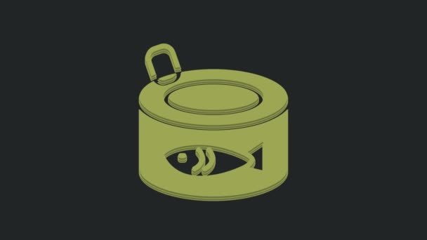 Icono Pescado Enlatado Verde Aislado Sobre Fondo Negro Animación Gráfica — Vídeo de stock