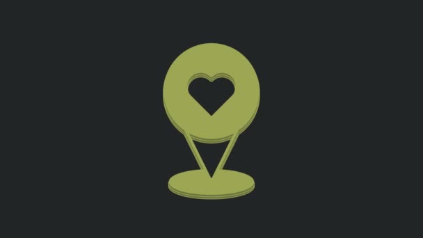 绿色地图指针与心脏图标隔离在黑色背景 情人节 爱的位置 浪漫的地图销 4K视频运动图形动画 — 图库视频影像