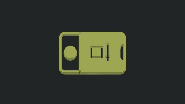 黒の背景に隔離されたレコードフレームカメラアイコンと緑の携帯電話 モバイルアプリアプリケーション 写真とビデオ撮影 4Kビデオモーショングラフィックアニメーション — ストック動画